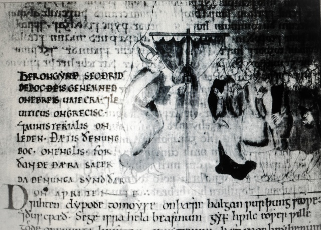 五，摩西領受律法，出自英國修院院長亞弗列克（Aelfric, c. 955 – c. 1010）註解的《摩西五經與約書亞記釋義》手稿插圖，約1025-1050年。在這手稿中出現的摩西，全都穿戴著一件帶有有角頭盔的長袍。