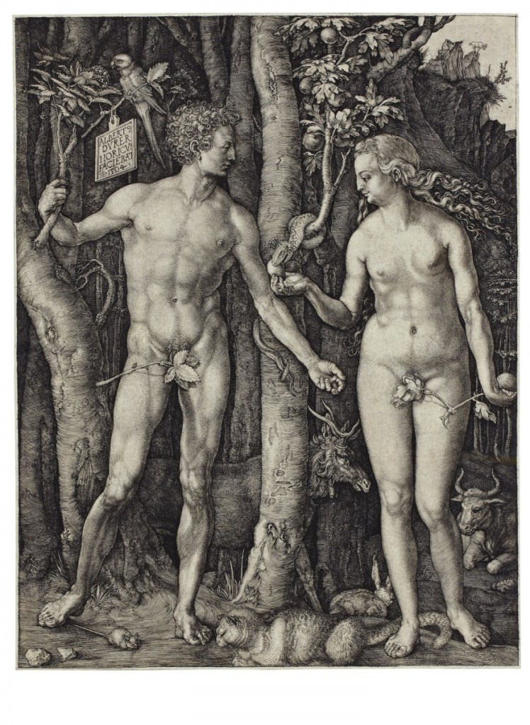 《亞當與夏娃》(Adam and Eve), 1504, 銅版直刻, 25.1 x 20 cm。