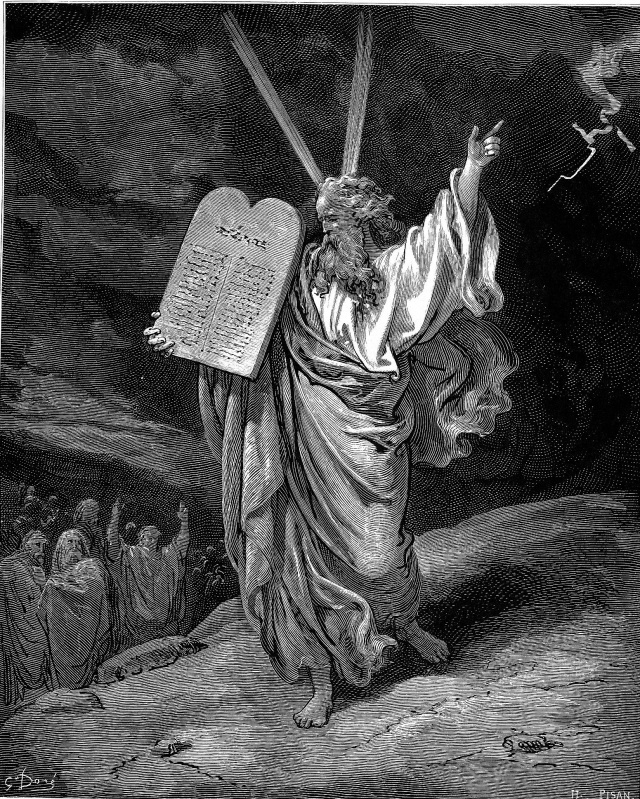 摩西攜帶法版下山，出自朵黑的《聖經插圖》，1865年。在朵黑的插圖中，他採用類似角的兩道光束來展現摩西的榮光。