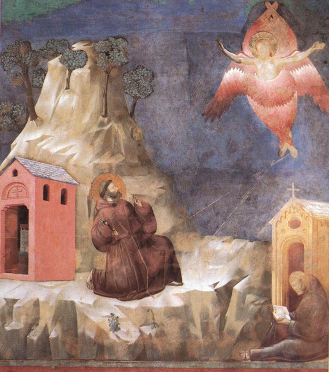 喬托(Giotto di Bondone, 1267-1337),聖方濟聖傷圖(Stigmatization of St Francis),阿西西大教堂(Basilique Assise)壁畫。圖中轉移聖傷的天使便是撒拉弗,喬托以聖經的語言勾勒這位天使:「用兩個翅膀遮臉,兩個翅膀遮腳,兩個翅膀飛翔。」(以賽亞書 6:2)