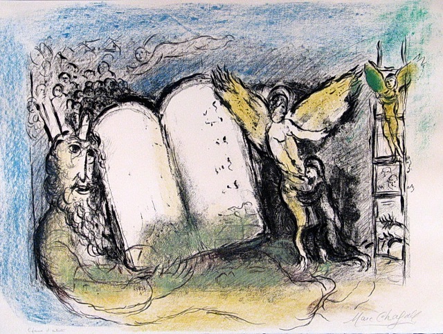 摩西與十誡，夏加爾的彩色石版版畫，約1960年。夏加爾繪製了不少聖經的圖像，在摩西的部分，他也以光束的方式處理摩西的榮光。