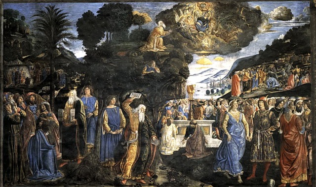 摩西領受十誡壁畫，科西摩‧羅賽利（Cosimo Rosselli, 1439-1507）繪製，梵諦岡西斯汀教堂（Cappella Sistina），1481-1482年。在羅賽利的壁畫中，他在一張畫面中繪製了摩西領取十誡的連環組圖，我們看到中間上方，摩西在西奈山上從有天使圍繞的神手中接過十誡法版，而約書亞則在山腰中打盹等候。在畫面左下方，摩西帶著法版下來，臉上有著榮光，約書亞跟在他身後。畫面中央，便是摩西見到以色列人祭拜金牛犢，勃然大怒摔碎石版那一幕。畫面右上方，可以看見摩西清理門戶的場面。這張連環組圖，繪製的是摩西第一次領取十誡石版的幾個關鍵時刻，藝術家在這已繪出摩西臉上的榮光，他並未以長角的方式處理，可見在文藝復興時期，摩西的角在教會的理解與解釋中，便是榮光的象徵。米開朗基羅可能無法在雕像上刻出榮光，而繼續借用中古後期流行的角來表現。
