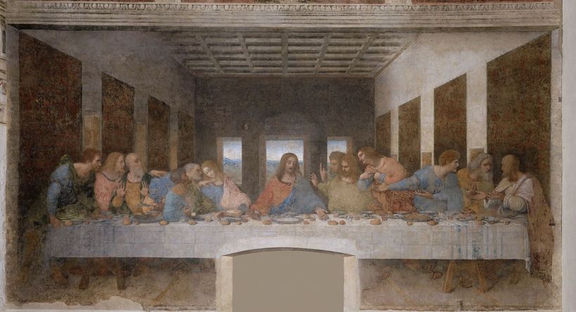 達文西(Leonardo da Vinci, 1452-1519),最後晚餐,蛋彩石膏壁畫,1494–1498,義大利米蘭恩寵聖母修道院(Santa Maria delle Grazie, Milan)。