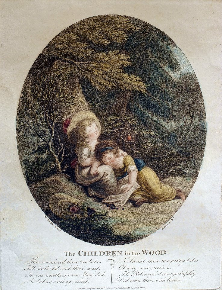 P. W.Tomkins/ Jean Marie Delatre，林中的孩子（The Children in the Wood），彩色銅版細點技法（colour stipple print），1786. 11. 20.。 這張名為《林中的孩子》的細點技法彩色銅版，由版畫家德拉特（Jean Marie Delatre, 1746-1840）按照湯姆金斯（Peltro William Tompkins, 1760-1840）的圖稿製版完成，可謂十八世紀英國典型的風俗畫。畫面中兩名小女孩在樹下遊戲休憩，背景為十八世紀英國肖像畫典型的森林風光，洋溢著英國鄉村的田園氣息。畫面下方有簡短的文字描述。德拉特與湯姆金斯都以版畫著稱，兩人都是當時細點技法大師巴托洛奇（Francesco Bartolozzi, 1727-1815）的學生，（Francesco Bartolozzi, 1727-1815）嫻熟各種銅版技法，尤以細點技法著稱，複刻當時各類歷史與當代圖稿與繪畫作品。