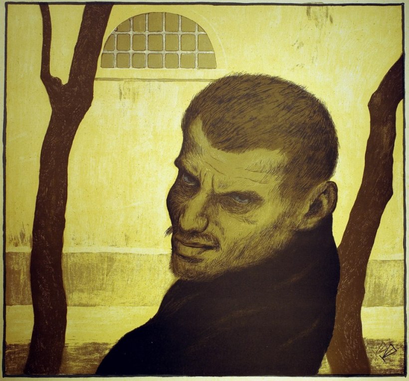 彩色石版（colourlitho）: Karl Hofer(1878 – 1955)，盜賊（Räuber），彩色石版（colourlitho），約1910。