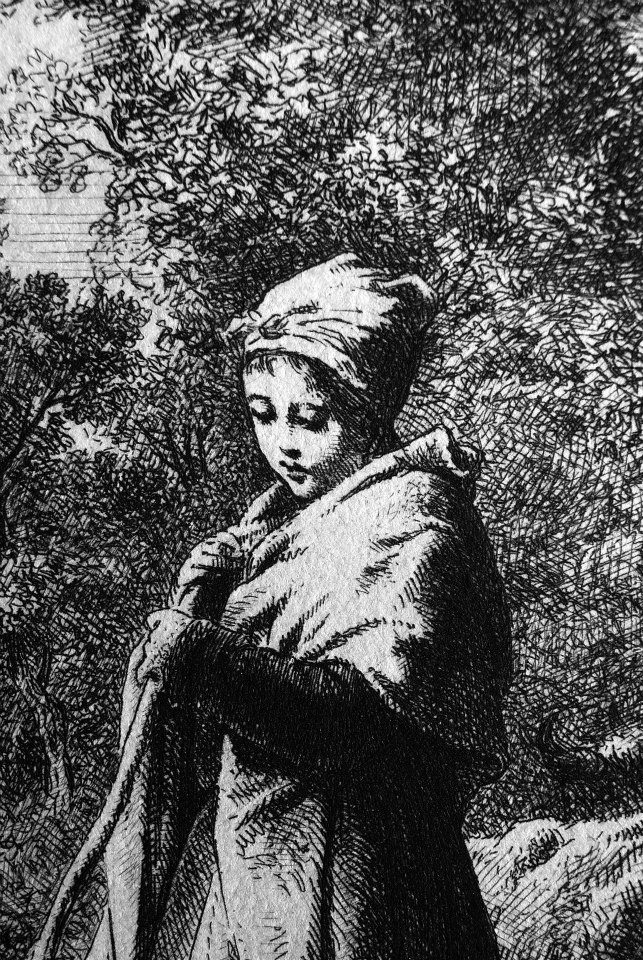 小放牛女（Le Petit Vacheres）的局部，可以見到藝術家製作版面時的繪畫性線條，和之前的銅版直刻相比，線條活潑奔放。