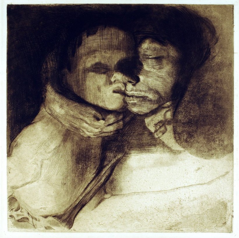 銅版腐蝕法與粉末腐蝕法（etching & aquatint）: Käthe Kollwitz (1867-1945)，母子與死神（Tod und Frau um das Kind ringend），1911。