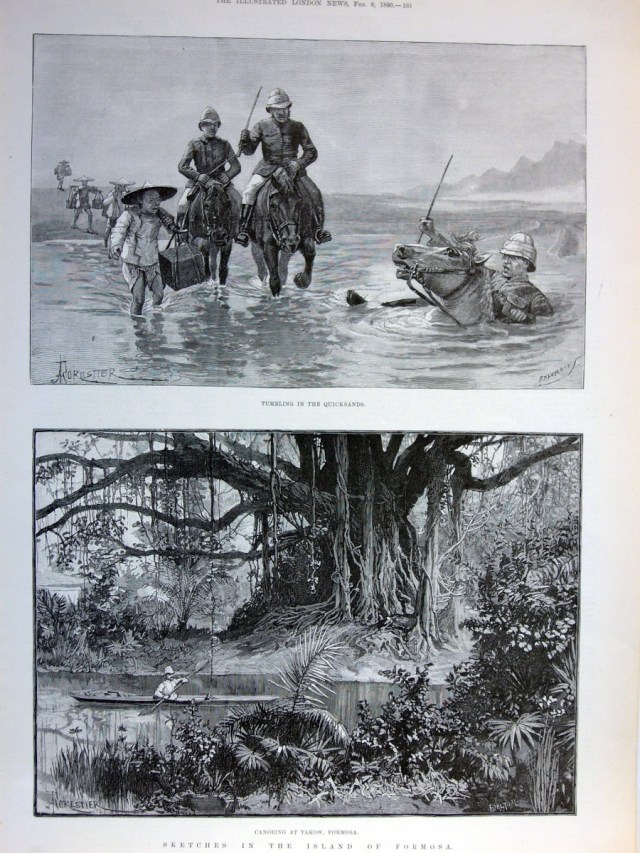 單頁ILLUSTRATED LONDON NEWS畫報，一八九０年二月八日。含二張木刻插圖與畫報背面報導文章，品相良好。本張畫報描繪作者在打狗附近泛舟的情景與他們一行出遊時遇見流沙的畫面。