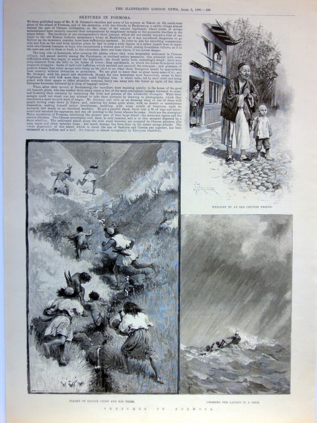單頁ILLUSTRATED LONDON NEWS畫報，1890年4月5日。含三張木刻插圖與報導文章，品相良好。本張畫報描繪作者旅途中的其他插曲，如受到好友的接待、原住民遇見他們時的驚慌失措，以及遇見風雨渡湖的情景。