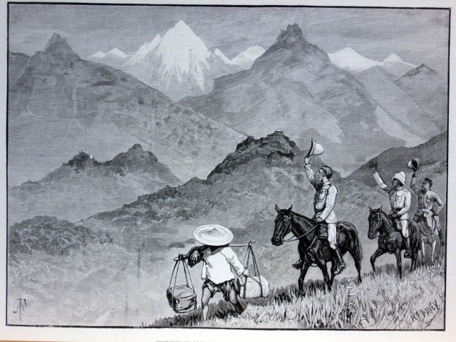 單頁ILLUSTRATED LONDON NEWS畫報（被裁），1890年4月5日。含一張木刻插圖，品相良好。本張畫報描繪作者一行離開萬金庄的景象。