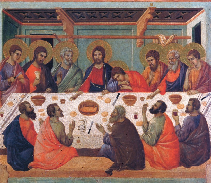 杜奇歐(Duccio di Buoninsegna, c.1255 - c.1318),最後晚餐,聖母加冕系列(Maesta)之一,蛋彩木板,1308-1311,義大利西耶納大教堂美術館(Museo dell Opera del Duomo Siena)。