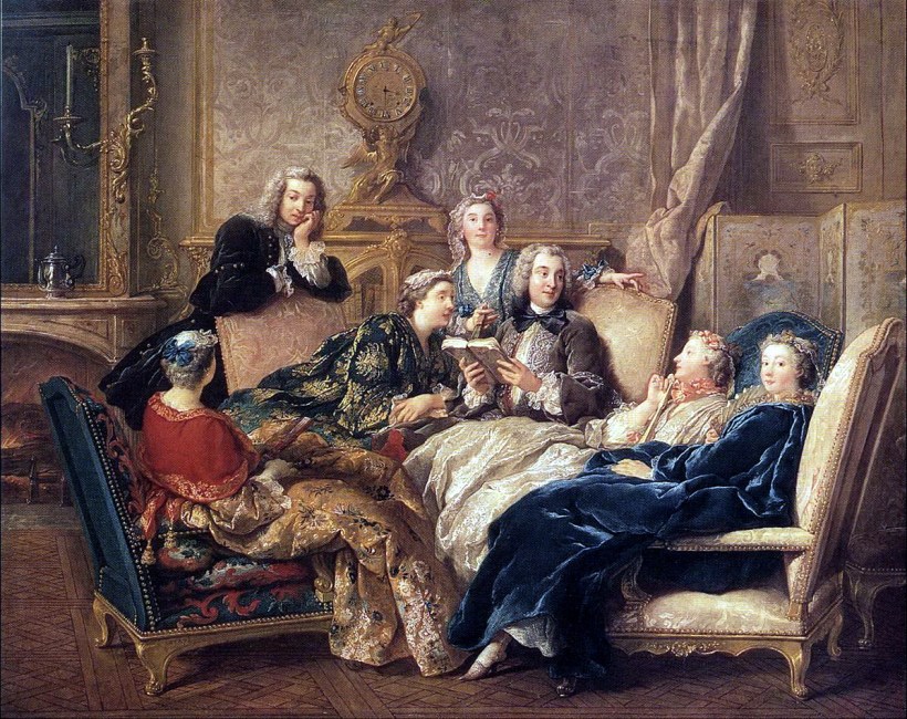 德‧特洛伊（Jean-François de Troy, 1679-1752），《閱讀莫里哀》（A Reading of Molièr），約1728，油彩畫布，72.4 x 90.8 cm，私人收藏。此圖貼切呈現當時私人沙龍的親密氛圍。