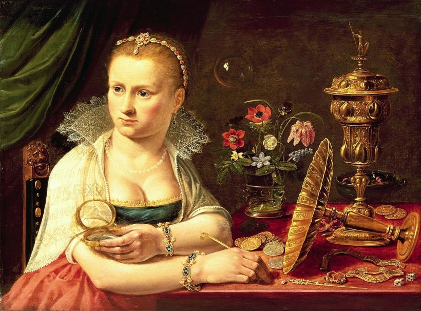 克拉拉‧彼得斯(Clara Peeters, 1594 – c. 1657),女子肖像(寓意虛空),私人收藏。 對克拉拉‧彼得斯的生平,所知不多,從風格判斷,她應該來自安特衛普,擅長靜物畫,活躍於十七世紀初。這張女子肖像,她刻意凸顯肉體的誘惑,再襯上其他虛空的隱喻物件,讓觀者不得不沈思人生的意義。