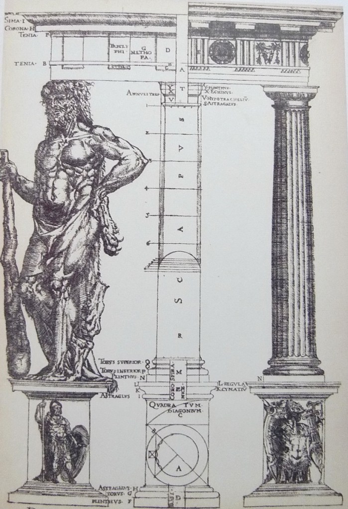 英國建築師約翰‧舒特(John Shute,?- 1563)在其論古典建築的著作《建築的基石》(The First and Chief Grounds of Architecture)中,將維特魯威的人體比附圖像畫,多立克柱式為男性。