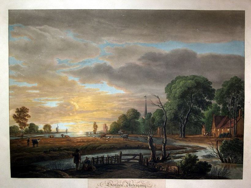 作者：van der Neer, Aert. (1603-1677)/ Radl, A. 名稱：夕陽（Sonnen-Untergang）。 署名：van der Neer, Aert./ Radl, A.。 技法：彩色粉末腐蝕法（colour aquatint）。 年代：約1830。 尺寸：41x 56,5 cm/ 52,5 x 67,5 cm。（P D-006） 作品介紹：西洋版畫技法問世後，一直保持著兩種傳統，一是藝術家不斷自行製作藝術版畫，一是版畫藝師運用版畫技法複製繪畫及其他藝術作品。這張便是德國版畫藝師拉德（A. Radl）倣刻荷蘭風景畫家愛爾特‧凡‧德‧尼爾(Aert van der Neer, 1603-1677)的油畫作品，按畫面下緣文字說明，這張畫作當時收藏在德國阿沙芬堡（Aschaffenburg）的宮廷藝廊中。 愛爾特‧凡‧德‧尼爾是十七世紀荷蘭黃金時期的風景畫家，長於繪製夜景，以月夜、夜裡火光和冬天雪景為主軸，畫面經常出現畫家偏愛的祖國荷蘭的河流及河道，伴隨著日落或夜晚。他的作品為數不少，世界各地重要美術館皆有藏品。 荷蘭的風景版畫一直受到當時西方人士的喜愛，不管是油畫原作或風景版畫，都有一定的客層。這張名為《夕陽》的作品，便是典型的荷蘭風景畫，天空佔去三分之二的畫面，樹叢、屋舍、牛隻、河流，錯落有致，靄靄的暮雲加重了畫面的深沈氣氛，不同於其他地區的風景繪畫。彩色粉末腐蝕法在這忠實模仿出油畫厚重的質感，不失為一張傑出的藝品。 