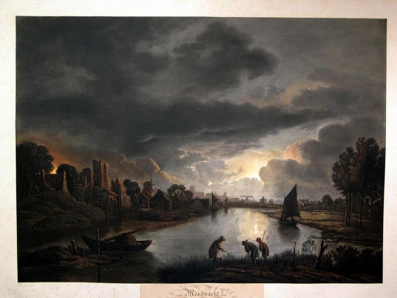 作者：van der Neer, Aert. (1603-1677)/ Radl, A. 名稱：月夜（Mondnacht）。 署名：van der Neer, Aert./ Radl, A.。 技法：彩色粉末腐蝕法（colour aquatint）。 年代：約1830。 尺寸：41x 56,5 cm/ 52,5 x 67,5 cm。（P D-007） 作品介紹：西洋版畫技法問世後，一直保持著兩種傳統，一是藝術家不斷自行製作藝術版畫，一是版畫藝師運用版畫技法複製繪畫及其他藝術作品。這張便是德國版畫藝師拉德（A. Radl）倣刻荷蘭風景畫家愛爾特‧凡‧德‧尼爾(Aert van der Neer, 1603-1677)的油畫作品。 愛爾特‧凡‧德‧尼爾是十七世紀荷蘭黃金時期的風景畫家，長於繪製夜景，以月夜、夜裡火光和冬天雪景為主軸，畫面經常出現畫家偏愛的祖國荷蘭的河流及河道，伴隨著日落或夜晚。他的作品為數不少，世界各地重要美術館皆有藏品。 這張名為《月夜》的作品原作為當時德國法蘭克福的私人收藏，寧靜的河面在月光下泛出銀色的光芒，前景的人物正在捕捉魚蝦，或其他生物。房舍逐漸向遠方延伸，地平線上浮現出成是的輪廓，墨藍色的雲影讓畫面顯得更加遼闊，構成動人的風景。 