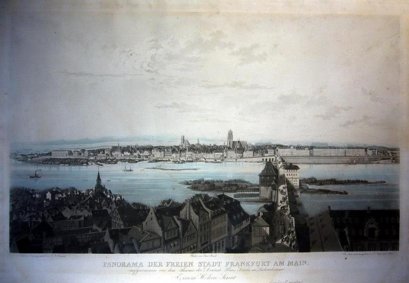 名稱：自治城市法蘭克福全景（Panorama der Freien Stadt Frankfurt am Main, aufgenommen von dem Thurme der Deutsch-Haus Kirche in Sachsenhausen）。 署名：Ehemant, F. J./ Ernst Rauch, F. Jügel & Nilson。 技法：粉末腐蝕法（aquatint）與手繪上彩。 年代：約1840。 尺寸：51 x 72 cm/ 41 x 66,5 cm。（P D-012） 作品介紹：這是德國重要商城法蘭克福的景觀圖，由當時曼河對岸的薩克森豪森區（Sachsenhausen）的教堂德國之屋（Deutsch Haus，今Deutschordenshaus）塔樓上鳥瞰該城市區。當時的大教堂（Sankt Bartholomäus）塔樓尚未完工，而1833年完工的保羅教堂（Paulskirche）已出現在舊城區左側。法蘭克福自中世紀起，即成為當時神聖羅馬帝國的自由王城，為歐洲貿易路線的匯集地，數百年來，為神聖羅馬帝國皇帝的加冕所在，後發展成為歐洲重要的貿易與金融城市之一。 這張粉末腐蝕製作的版畫，圖稿為Friedrich Josef Ehemant (1804 - 1842)所繪，由當時德國重名的版畫家Ernst Rauch (1797生)與柏林美院銅版藝術教授Friedrich Jügel (1772—1833)刻製。淡藍色的水彩上色，更增添全畫的風采，為不可多得的精品。 