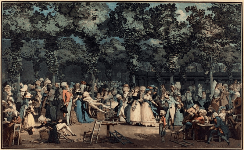 德布庫，《盛裝的漫步》（La Promenade Publique）, 彩色銅版，1792。