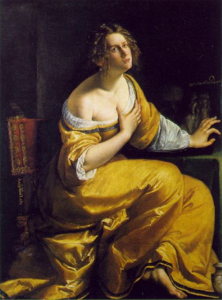阿特米希雅‧曾提萊希(Artemisia Gentileschi, 1593-1652/1653),《抹大拉的馬利亞》,油彩畫布,1620-1625,佛羅倫斯彼提宮(Palazzo Pitti)。