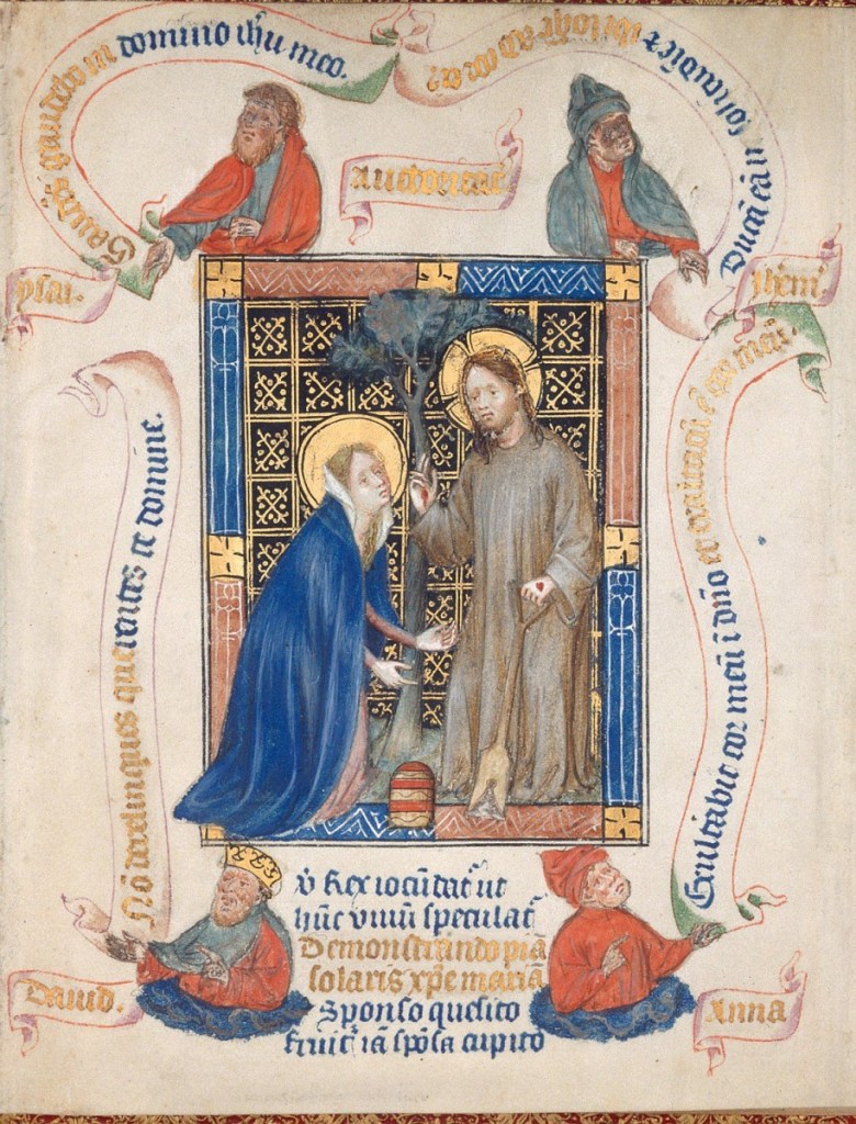 克萊弗斯的瑪格麗特祈禱書大師(The Master of the Hours of Margaret of Cleves),《不要摸我》(noli me tangere),出自:《窮人聖經》(Biblia Pauperum)插圖手稿,約1405。耶穌復活後,單獨向抹大拉的馬利亞顯現,並說:「不要摸我,因我還沒有升上去見我的父。你往我弟兄那裏去,告訴他們說,我要升上去見我的父,也是你們的父,見我的神,也是你們的神。」(約翰福音 20:17)
