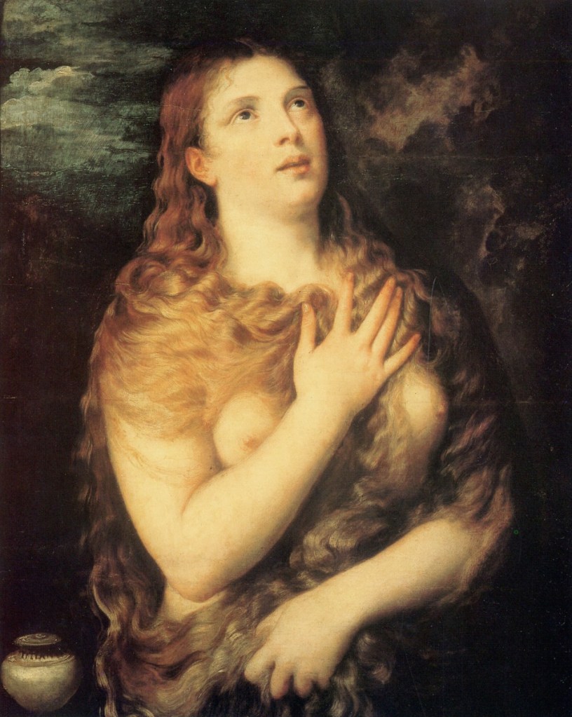 提香(Tiziano Vecelli或Titian, 約1488/1490 – 1576),《懺悔中的抹大拉馬利亞》,油彩畫布,約1533,佛羅倫斯彼提宮(Palazzo Pitti)。