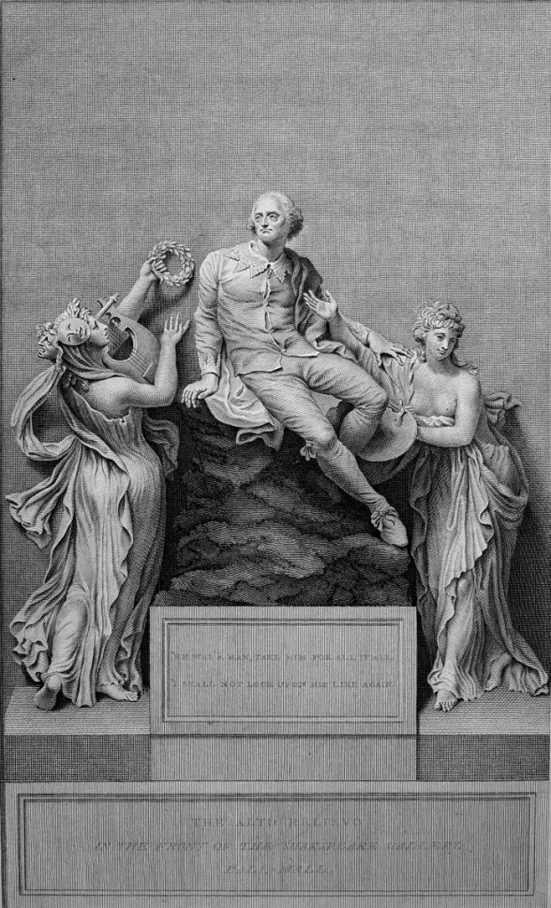 插圖書名頁：繪畫與詩藝伴隨莎士比亞，班克斯（Thomas Banks, 1735-1805）石雕刻製，史密斯（Benjamin Smith, 1754-1833）銅版。