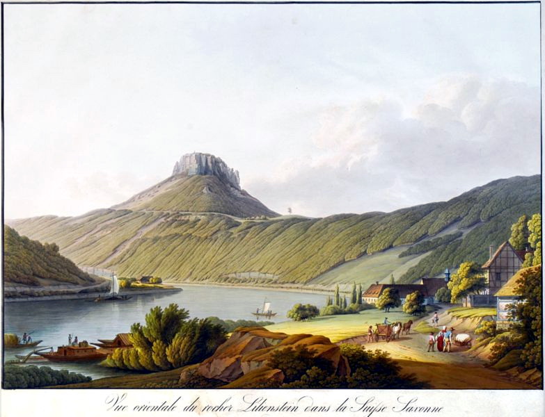 德國薩克森州百合石一景（Lilienstein），銅版腐蝕法，手繪上彩（coloured etching），1810。