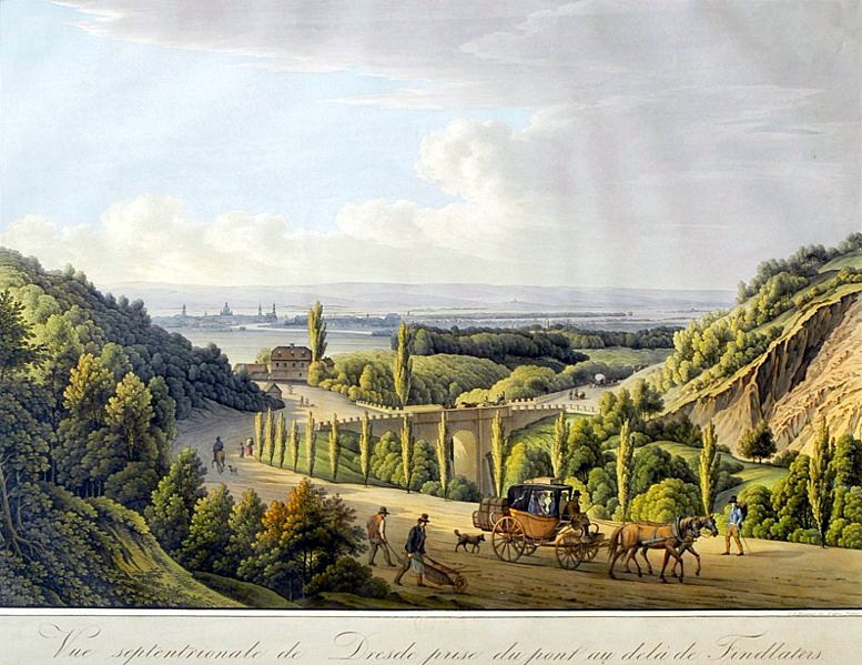 遠眺德雷斯敦（Nördlicher Blick auf Dresden），銅版腐蝕法，手繪上彩（coloured etching），1805。