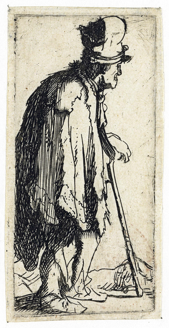 林布蘭特，《乞丐圖》（Beggar with a crippled hand leaning on a stick），銅版蝕刻，約1629。