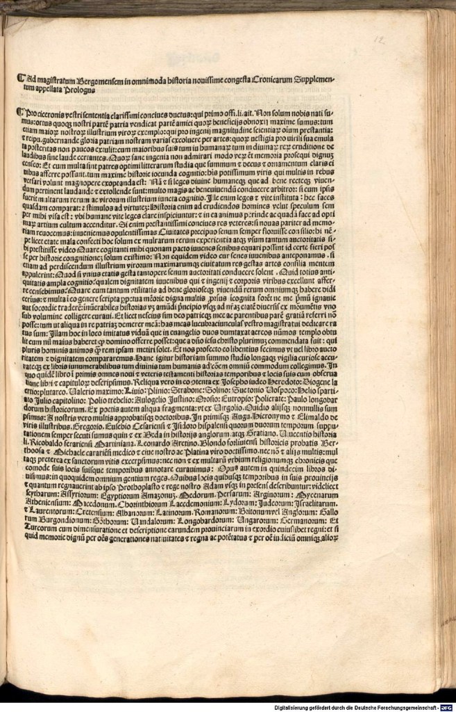 《年鑑補遺》第三版獻詞頁,在第一行最後,可以見到之後約定俗成的書名:Supplementum chronicarum。