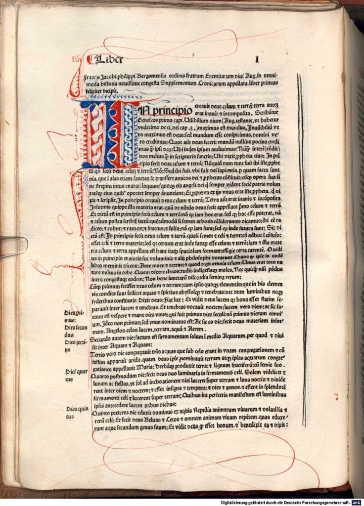 《年鑑補遺》第二版第一卷 第一頁,搭配手繪起首大寫花飾字母。第一行便印出作者身份:聖奧古斯丁隱士修會修士Jacobi philippi Bergomensis(作者拉丁文名字)。