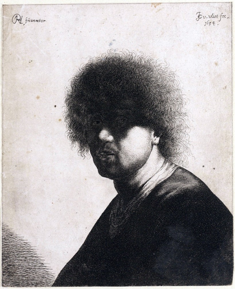 約翰‧凡‧弗利特，《林布蘭特自畫像》（Portret van Rembrandt），銅版蝕刻，1634。
