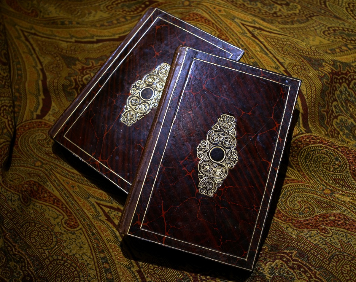 《寓言集》書封紅褐色雲紋紙上的燙金壓花。